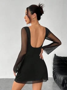 SHEIN PETITE 女士黑色新款性感露背长款喇叭袖网纱连衣裙初秋款