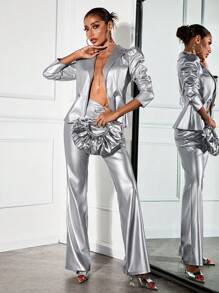 SHEIN SXY 2pcs Women Silver PU Gigot Sleeve Blazer & Pants Suit, For Party/Nightclub, Autumn/Winter - Silver - View 6
