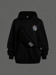 2pcs Tween Boys Casual Korean Style Graphic Print Hoodie Cardigan Jacket And Crossbody Bag Set,In Fall/Winter