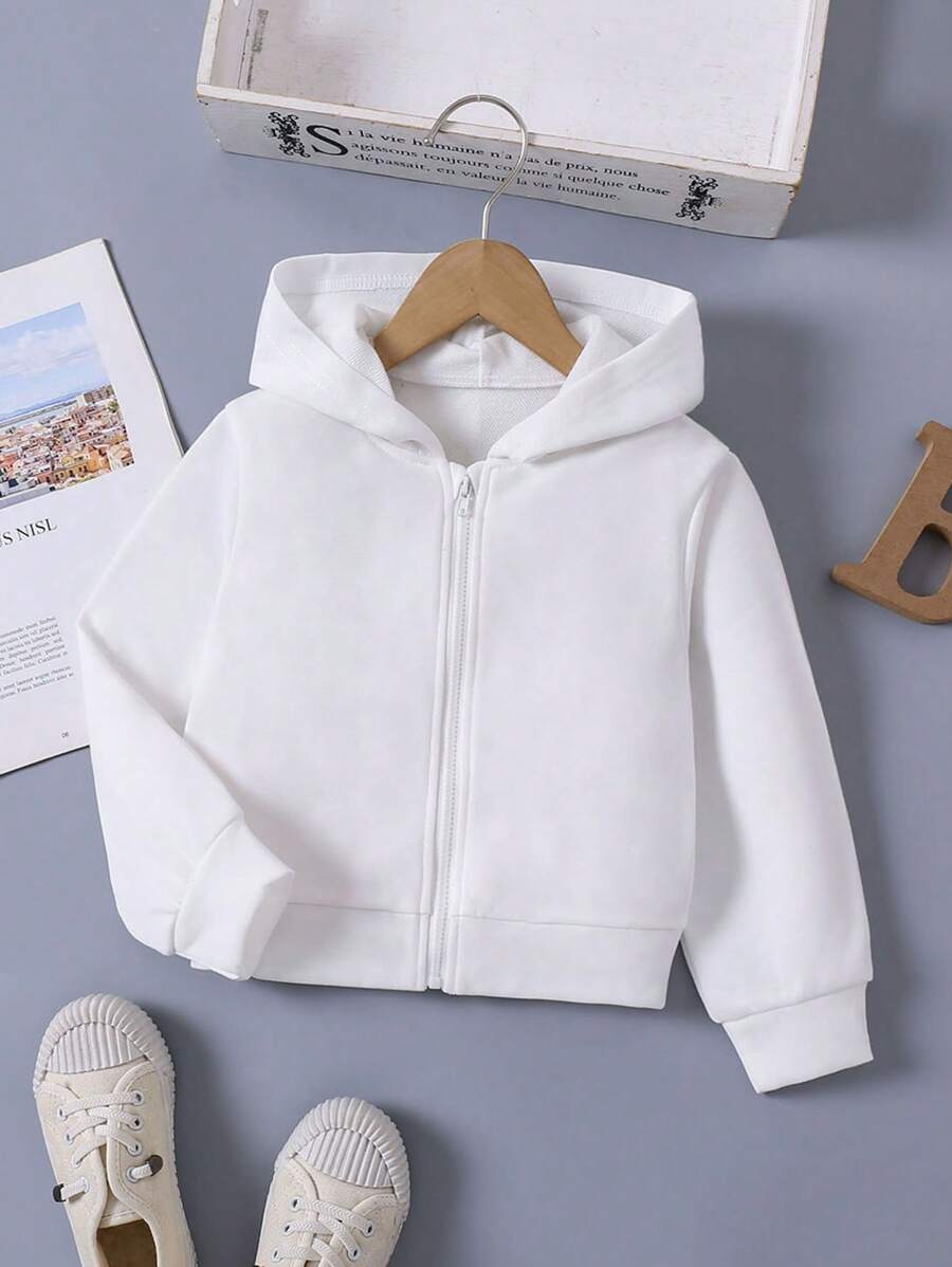 SHEIN Jaket Kasual Berkerudung Lengan Panjang Warna Polos dengan Resleting Depan untuk Anak Perempuan, Musim Gugur & Musim Dingin - Putih - View 1