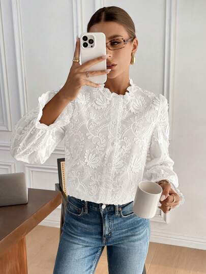 Serisse Blusa feminina lisa com botões frontais e manga comprida com babados, uso casual, blusas de manga comprida