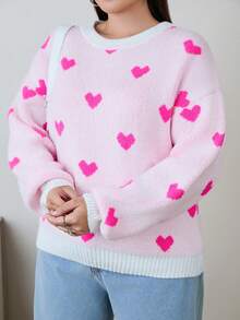 RueChic HAIRY YARN HEART PATTERN PLUS SIZE SWEATER - Hot Pink - View 4