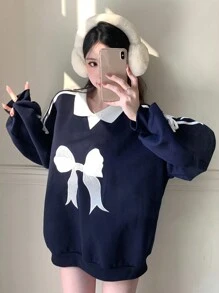 DAZY Women's Contrast Color Patchwork Ribbon Tie Embroidered Bow Sweatshirt,Long Sleeve Tops,Fall Clothes,Thermal Lined - Navy Blue - View 6