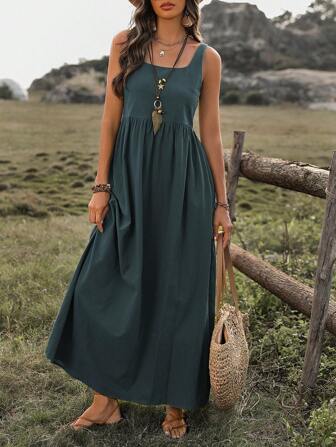 EMERY ROSE Women's Sleeveless Square Neck Casual Dress - Summer Maxi Women Outfit