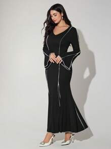 Modelyn Đầm dạ hội dài tay thanh lịch cổ chữ V phối màu cho nữ - Đen và trắng - Xem 6