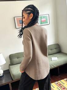 Teenage Girls Khaki Loose Knitted Sweater, Mid-Length Arc Hem Pullover, Long Sleeve Casual Round Neck Top, Fashionable & For Autumn/Winter