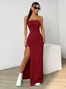 SHEIN EZwear Sukienka damska w jednolitym kolorze z wysokim rozcięciem i bez ramiączek - Burgund - Zobacz 5