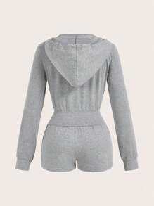 Slaydiva 2 piezas Conjunto informal de mujer con sudadera con capucha de patrón en cruz y shorts ajustados - Gris - Ver 2