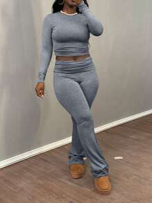 Women Casual Versatile Long Sleeve T-Shirt And Pants Set - 灰色 - 查看 1