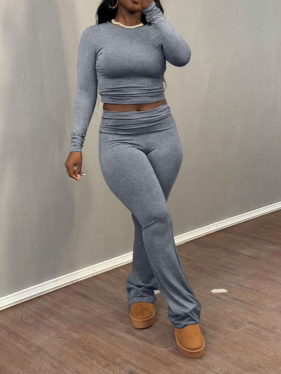 Women Casual Versatile Long Sleeve T-Shirt And Pants Set - 灰色 - 查看 1