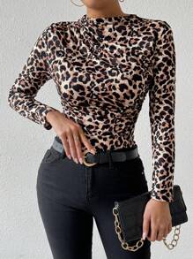 Zolique Leopard Print Ruched Turtleneck Casual Long Sleeve T-Shirt Cheetah Print Tees Women Tops For Spring - Multicolor - View 5