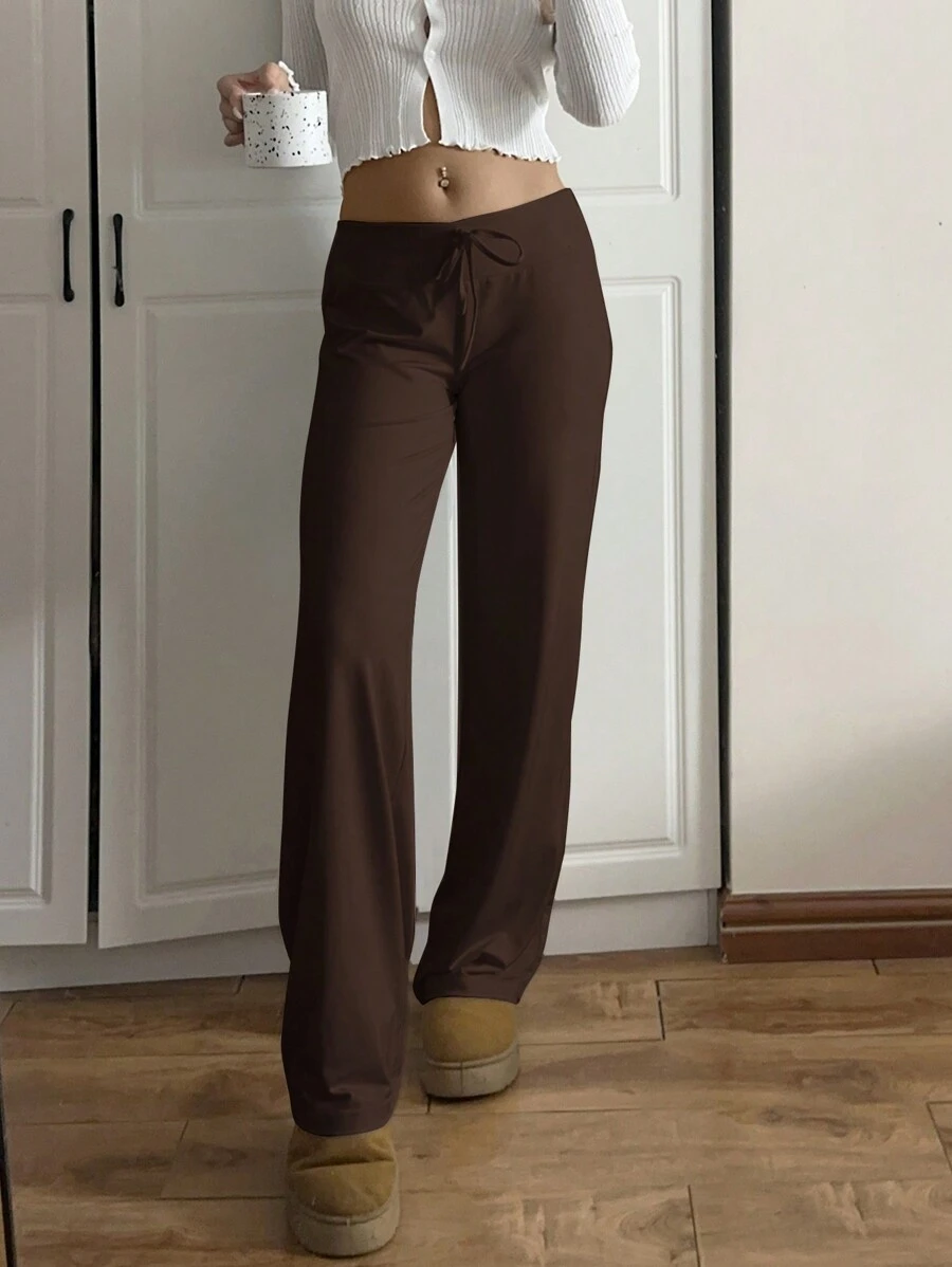 SHEIN EZwear 纯色休闲抽绳腰阔腿瑜伽裤，适合休闲，秋季 - 巧克力棕 - 查看 1