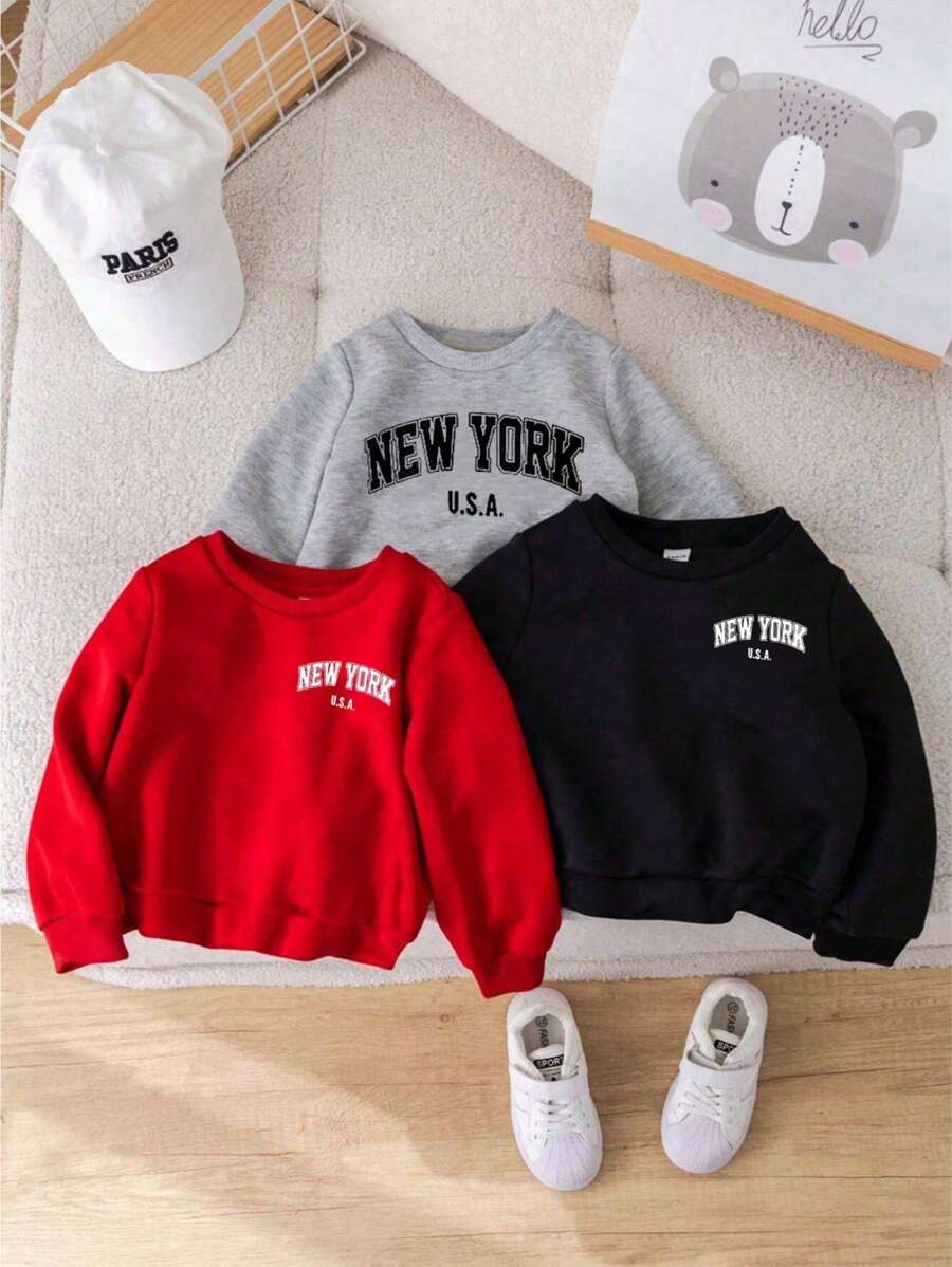 SHEIN 3 件装年轻男孩圆领字母印花长袖街头时尚休闲运动衫套装 - 黑色 - 查看 1