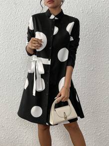 Xyvia 女式立领圆点系带纽扣设计连衣裙