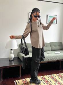 Teenage Girls Khaki Loose Knitted Sweater, Mid-Length Arc Hem Pullover, Long Sleeve Casual Round Neck Top, Fashionable & For Autumn/Winter