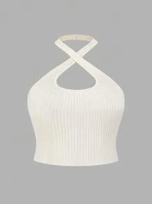 SHEIN EZwear 大码露背镂空修身针织上衣 - 白色 - 查看 1