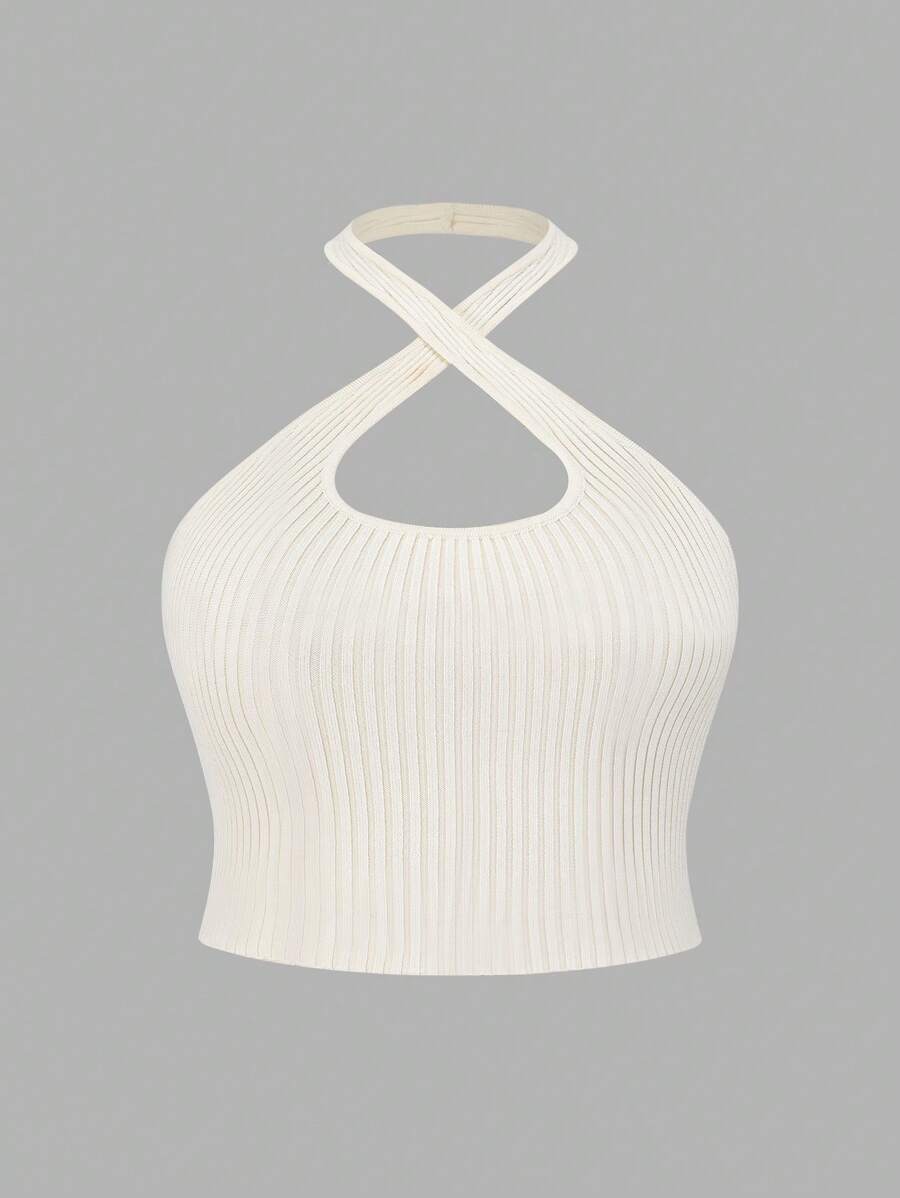 SHEIN EZwear 大码露背镂空修身针织上衣 - 白色 - 查看 1