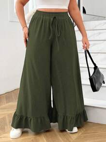 Calvaya Plus Size Vrouwen Effen Kleur Taille Strik Ruffle Zoom Losse Wijde Pijpen Broek