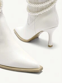 CUCCOO CHICEST Botines de tacón de aguja con punta afilada y cadena de perlas para mujer, otoño/invierno - Beis - Ver 8