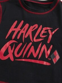 Harley Quinn | ROMWE 对比针脚字母印花条纹袖修身短款二合一 T 恤 - 黑色 - 查看 3