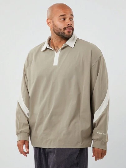 Manfinity VCAY 大码男士休闲针织拼接宽松落肩长袖 Polo 衫