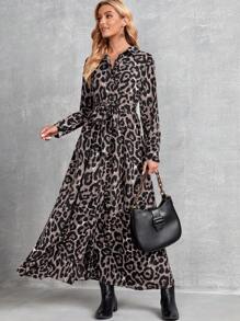 EMERY ROSE Women's Leopard Print Button Front Long Sleeve Dress - Multicolor - View 1