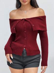 Flirla 女式露肩有领开衫 - 酒紅色 - 查看 4