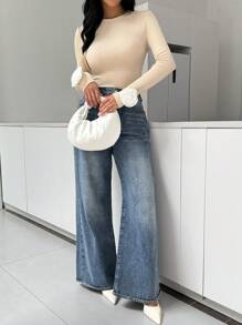SHEIN Essnce 大码女式 3D 花卉图案修身杏色 T 恤，休闲优雅 - 杏色 - 查看 6