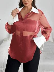SHEIN Privé Damen Bluse in Große Größen, Kontrastfarbe Schwarz und Weiß, durchsichtig und glänzend, Herbst-Schulanfang - Bordeaux - Übersicht 1