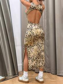SHEIN EZwear Women's Animal Leopard Print Backless & Side Split Dress Open Back Dress - Multicolor - View 6