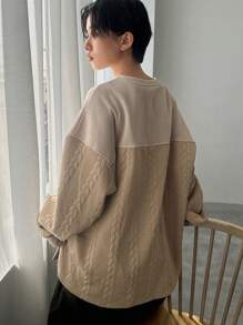 FRIFUL 女式宽松拼布字母印花卫衣，秋装 - 卡其色 - 查看 5