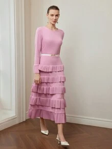 MOTF PREMIUM 纯色喇叭袖层叠荷叶边下摆连衣裙（无腰带） - 粉色 - 查看 9