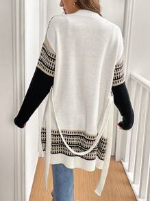 SHEIN LUNE Geometric Print Color Block Waist Belt Cardigan Fall Cloth For Women - Multicolor - View 2