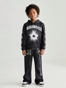 SHEIN 青少年男孩时尚印花连帽衫和运动裤 2 件套 - 黑色 - 查看 6