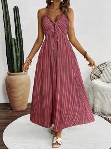 Breezaya Women's Vacation Striped Front Tie Maxi Casual Halter Dress - Red - View 6