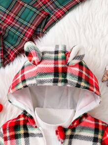 Baby Boy Plaid Long Sleeve Hoodie Jacket With Adorable Ear Design, Autumn/Winter, For Christmas - Burgundy - View 4