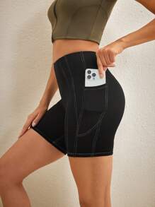 Activina 高腰纯色无缝夏季运动短裤 - 黑色 - 查看 5