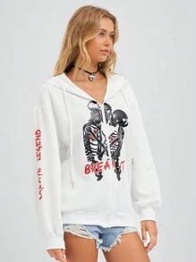 SHEIN EZwear Skeleton Pattern White Oversized Hoodie, Casual Sweatshirt For Fall & Winter, Halloween - White - View 6
