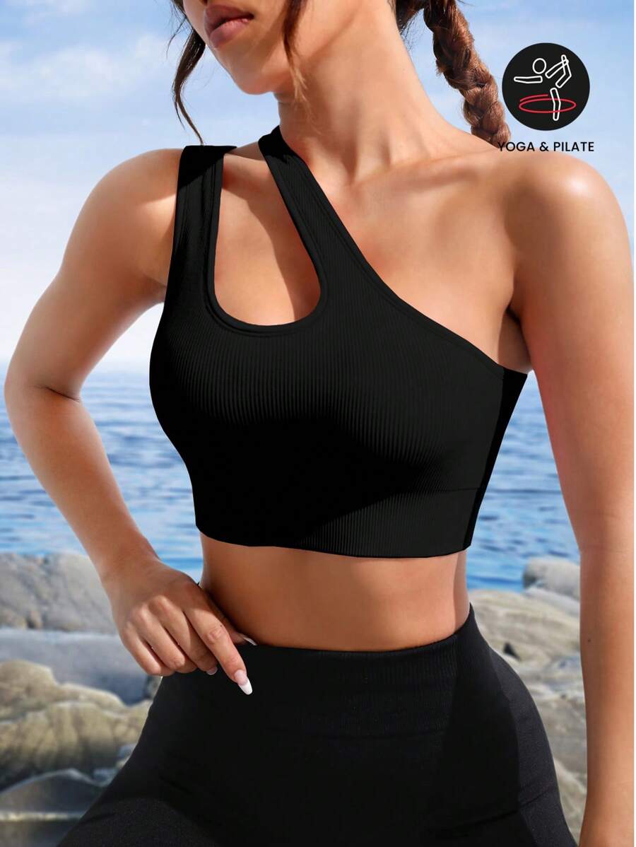 Slayform 中度支撐單肩鏤空運動型文胸 - 黑色 - 查看 1