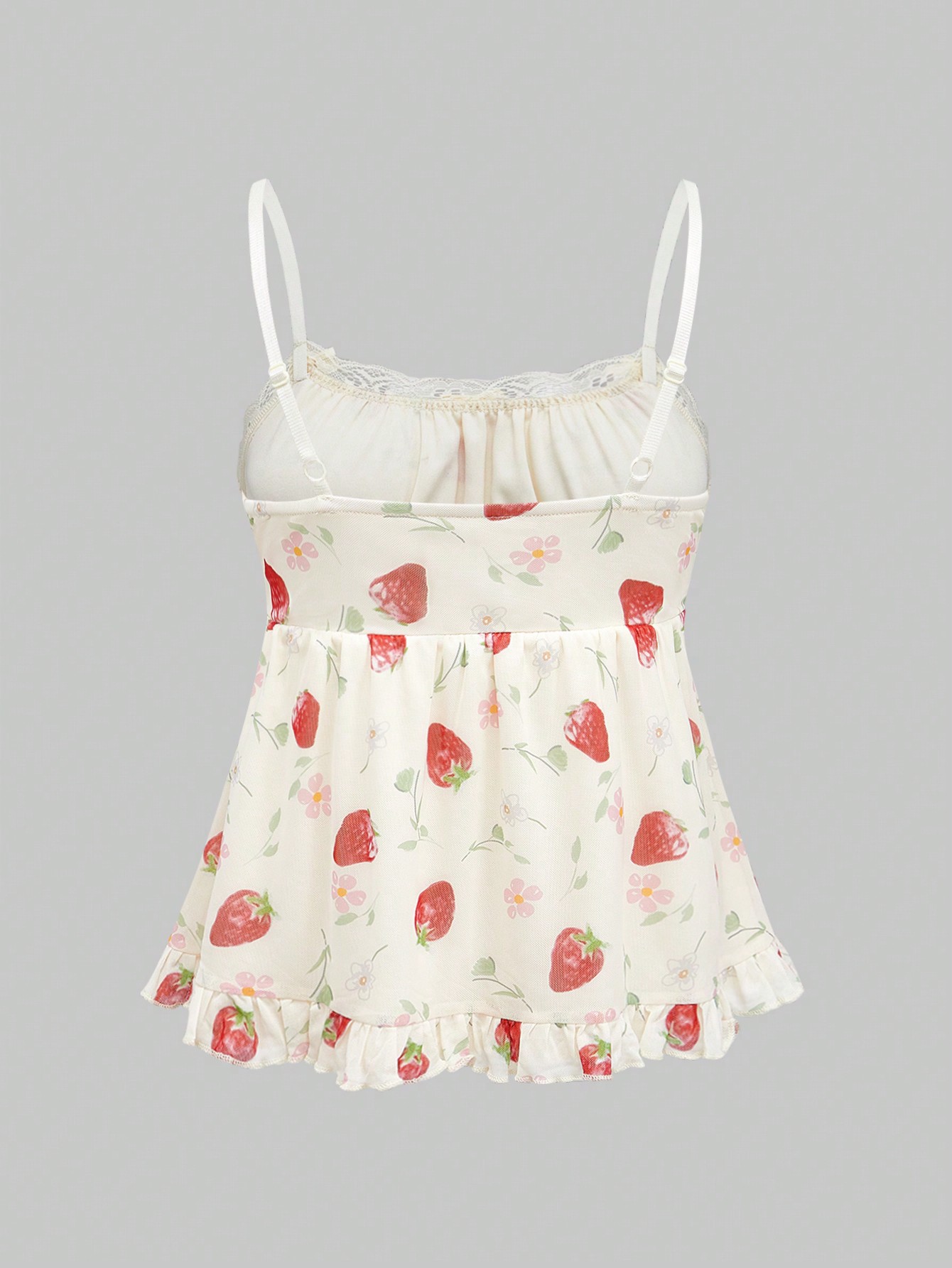 Our Kawaii Strawberry Print Ruffle Hem Babydoll Cami Top For
