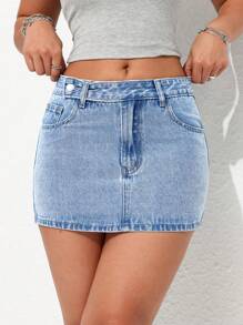 SHEIN Tall Váy Mini Denim Ôm Sát Mùa Hè - Rửa trung bình - Xem 1