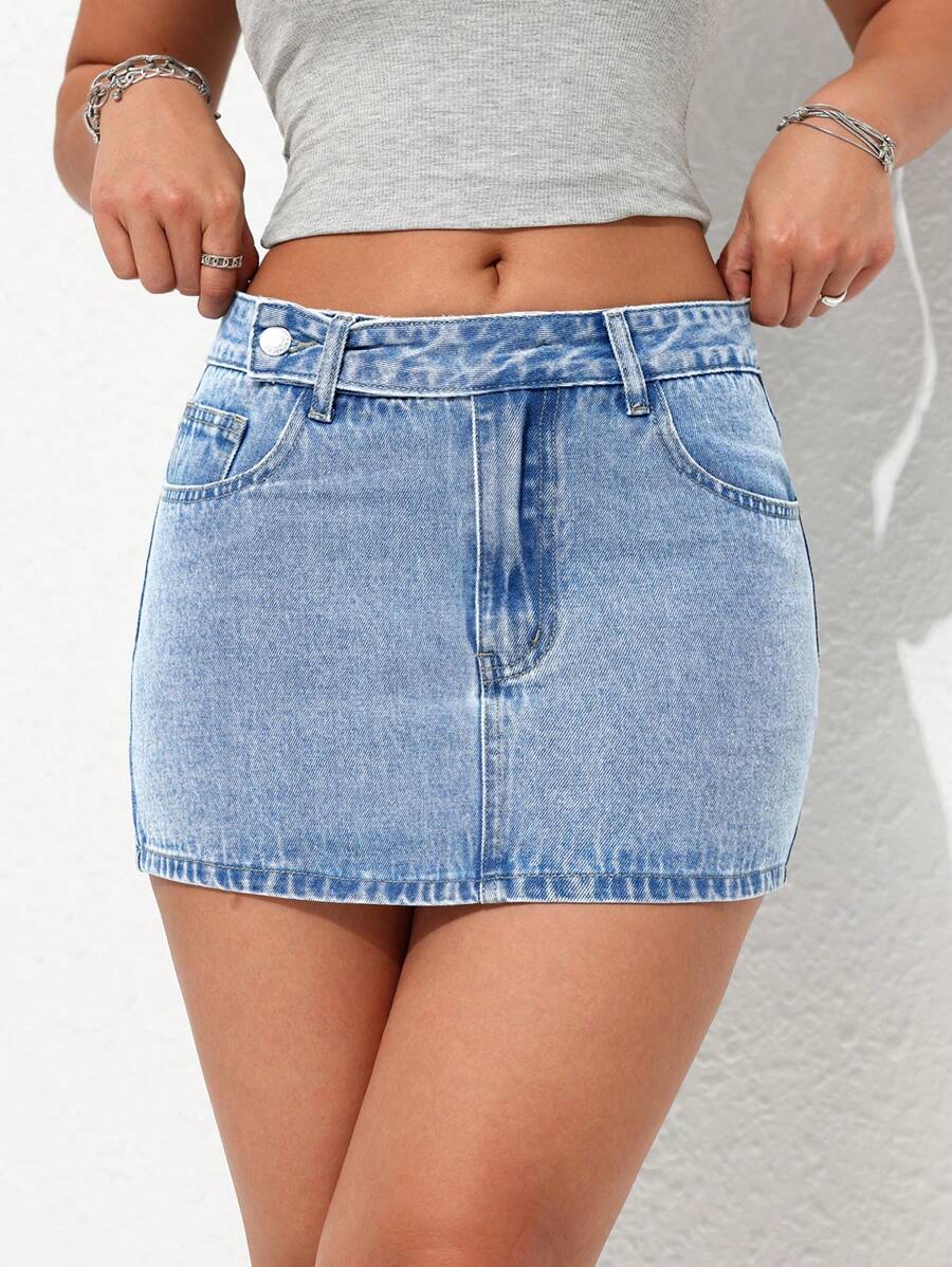 SHEIN Tall Váy Mini Denim Ôm Sát Mùa Hè - Rửa trung bình - Xem 1
