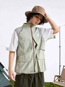 In My Nature Men Letter Printed Zip Front Stand Collar Casual Outdoor Vest Jacket - Green - View 7