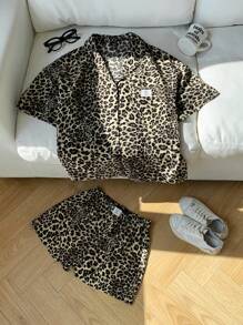 Comfortcana Plus Size Women Leopard Print Patch Short Sleeve Top And Shorts Suit, Spring/Summer,Holiday Outfits Animal Print Two Pieces Shorts Set Two Pieces Short Sets For Women