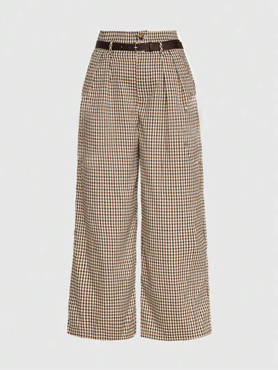 Academia Vintage Plaid Loose Wide Leg Straight Trousers For Women