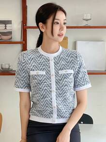 DAZY Color Block Front Button Faux Pocket Casual Crew Neck Short Sleeve Knit Sweater T-Shirt Summer - Blue - View 8