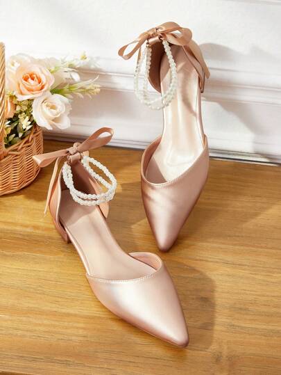 CUCCOO HITCHD Bailarinas estilo ballet con tacón bajo, cómodas y elegantes, con decoración de lazo de perlas color champán, ideales para Año Nuevo y San Valentín