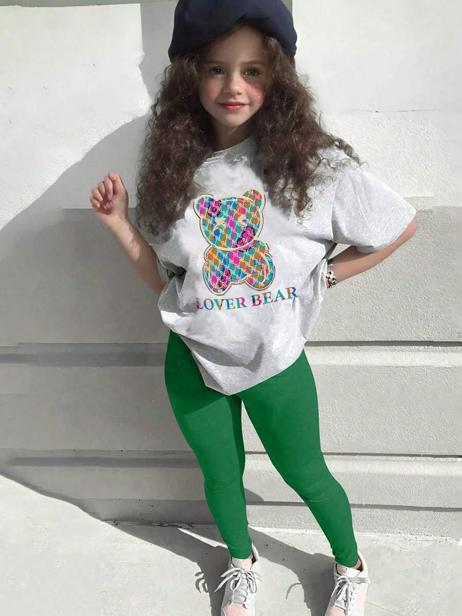 2pcs Tween Girls Fuchsia Basic Tee And Milk Silk Leggings Set, School, Campus, College Summer Holiday