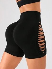 SHEIN Velisys 3pcs Seamless Solid Color Hollow Design Sports ShortsWomen Sweat Short, Gym Short, Biker Short