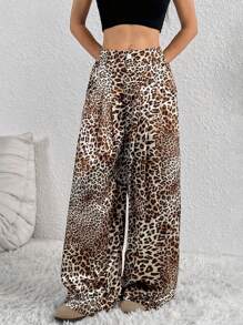 SHEIN Unity Women's Leopard Print Wide Leg Loose Pleated Casual Pants Fall Cloth For Women - Multicolor - View 1